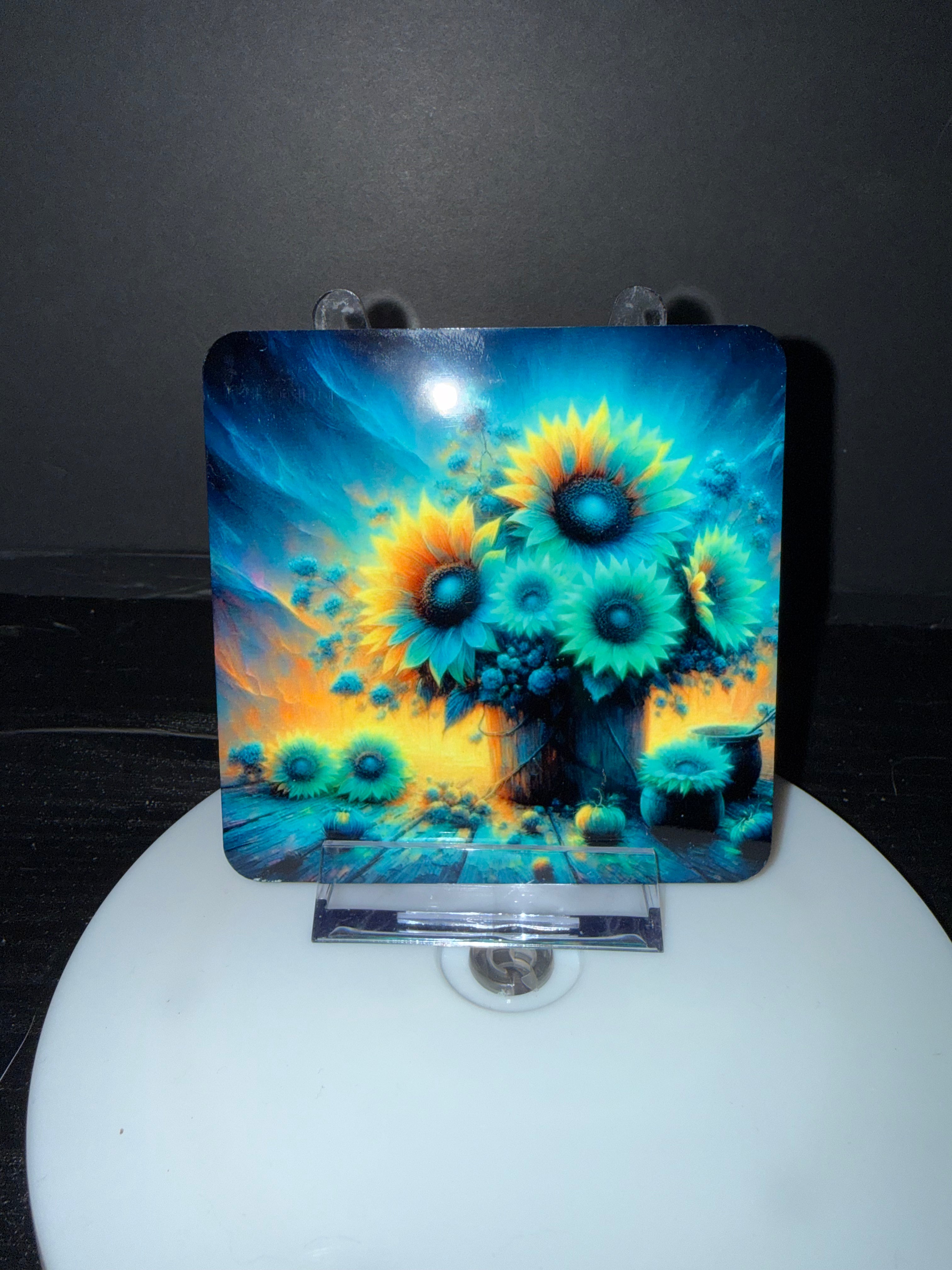 Sunflower Coaster with Cork Back — Blues & Yellow