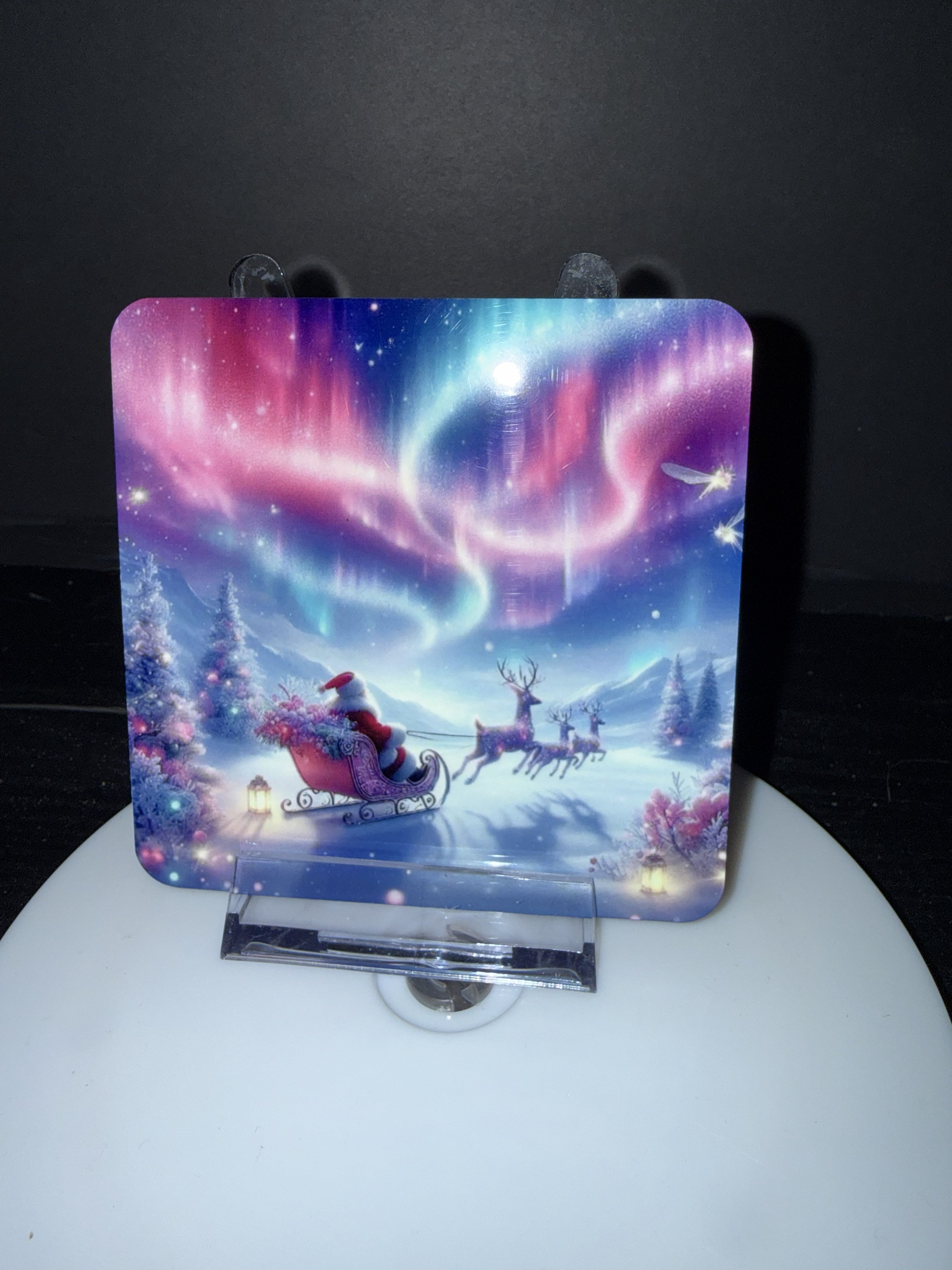 Santa Under the Northern Lights Coaster with Cork Back